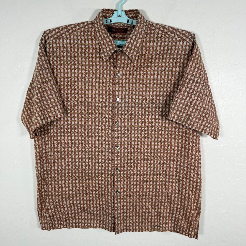Tori Richard Shirt Mens XL Brown Hawaiian Camp Button‎ Basket Weave Pattern